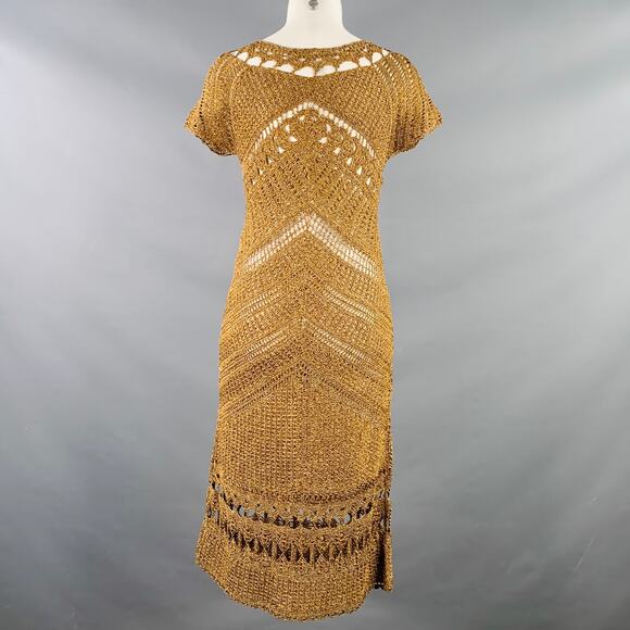 DIANE VON FURSTENBERG Size M Gold Acetate Blend Crochet Dress - Picture 4 of 8